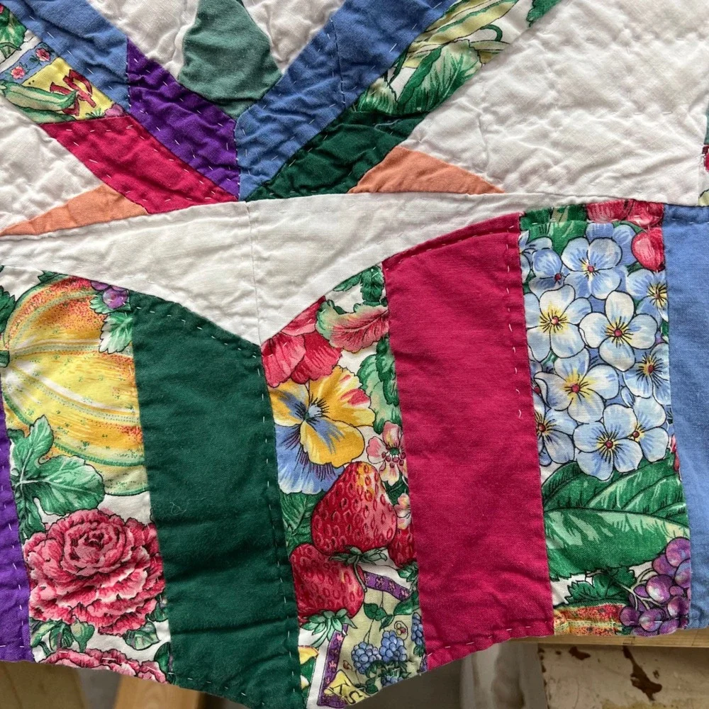 Vintage Hand Stitched Patchwork Quilt 86x80 Dresden Plate Teapot Appliqué Flaw